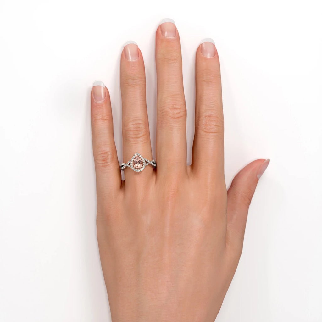 1.75 Carat Pear Cut Created Morganite and Moissanite Engagement Ring in 18k Gold Over Sterling Silver U8781