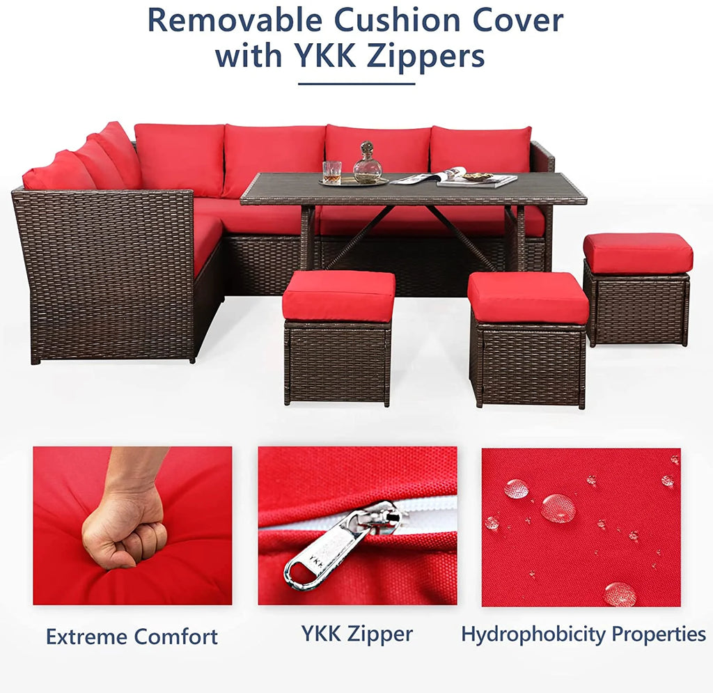 7 Pieces Brown Rattan Patio Furniture Set with Red Cushions Y5307