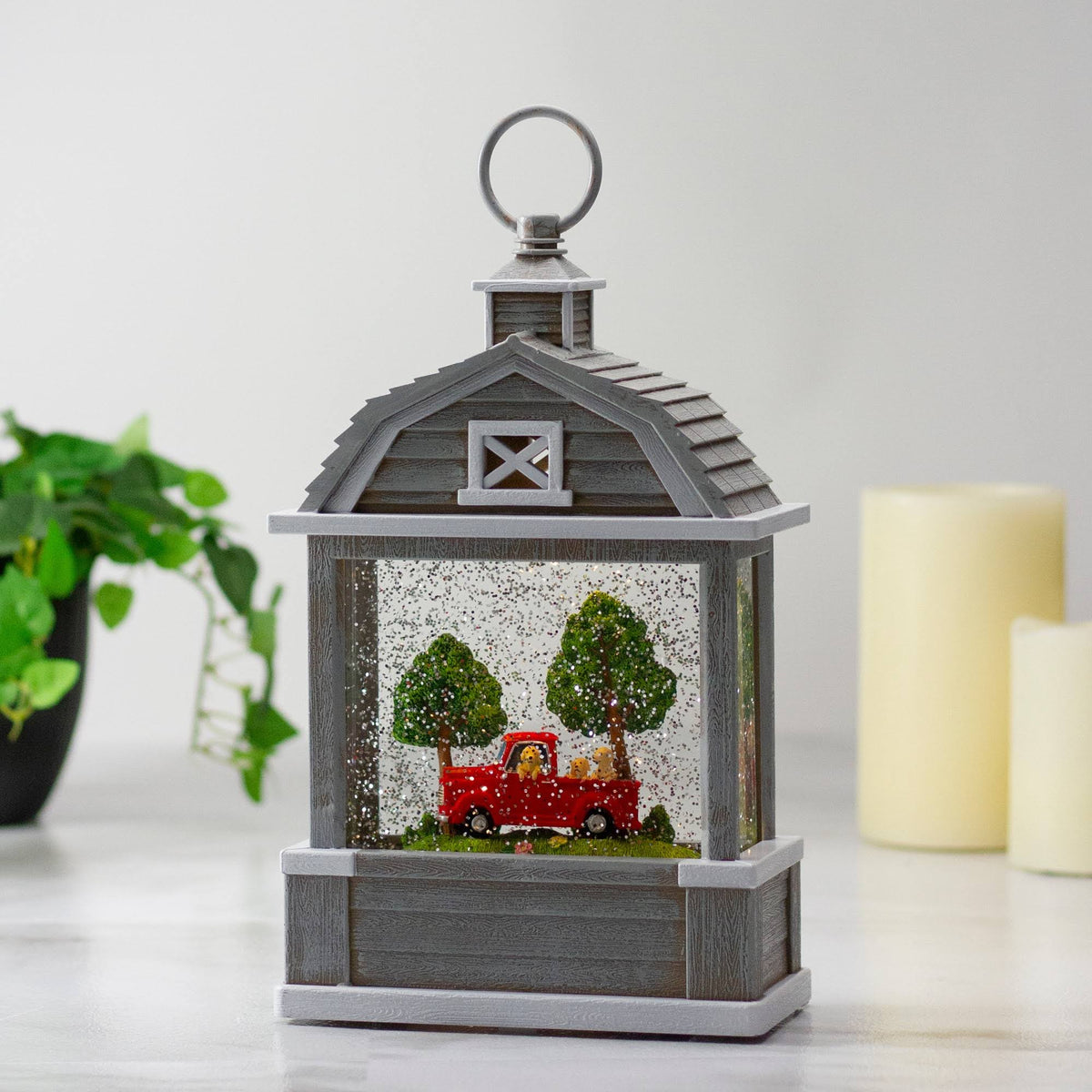 12.75x22 Lighted Gray Barn Snow Globe with Red Truck and Dogs C427565