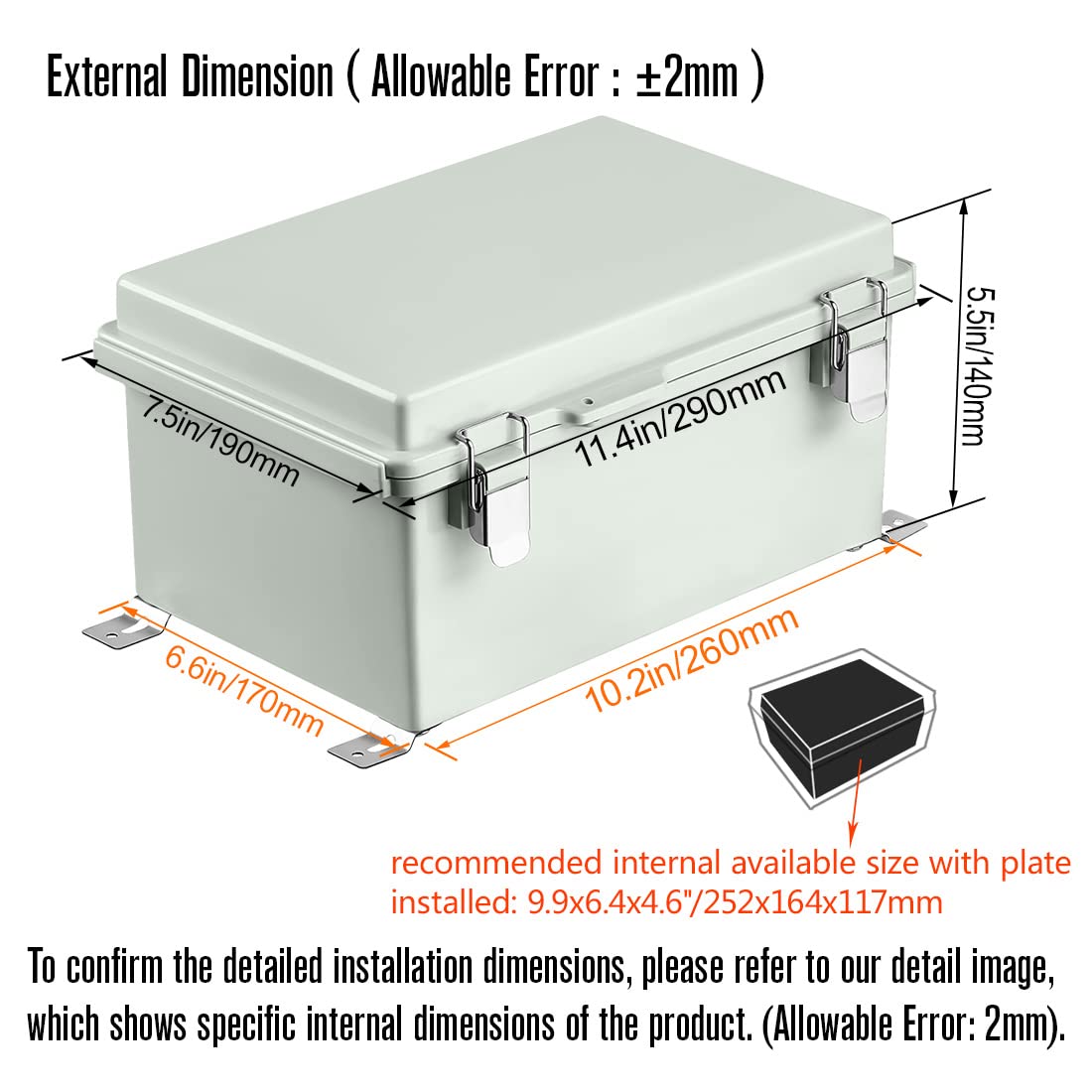 ABS Junction Box with Mounting Plate and Wall Bracket 11.4x7.5x5.5 inch D13523