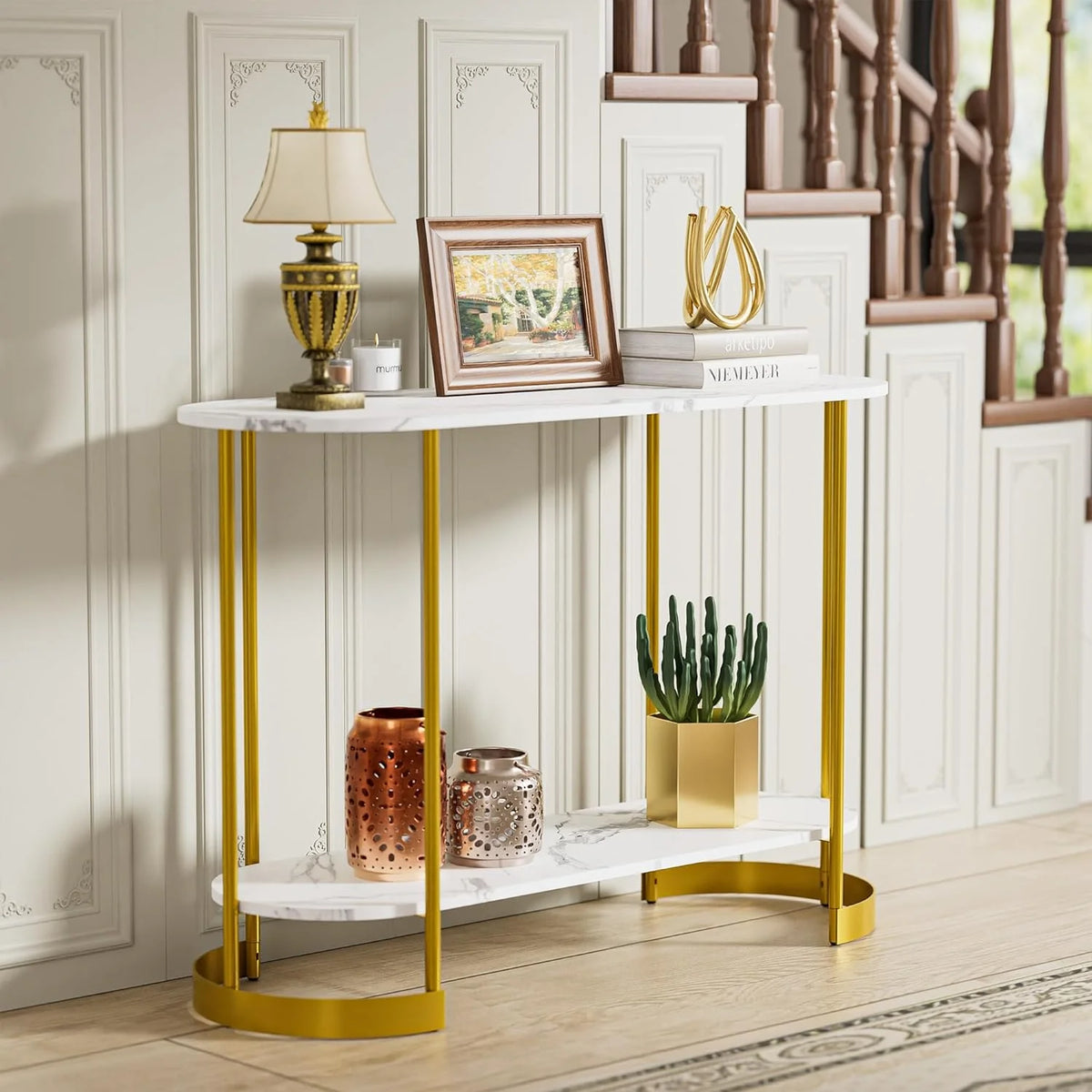 Gold 2-Tier Faux Marble Console Table Z6861