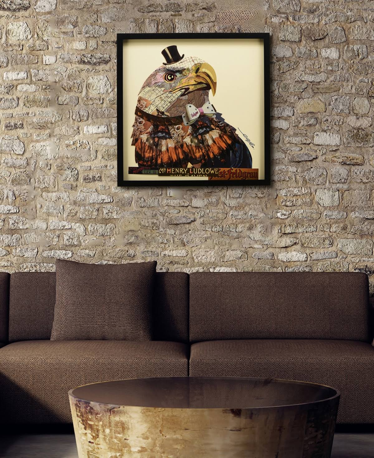Hand Made Signed Art Collage Under Tempered Glass in Black Frame D8940