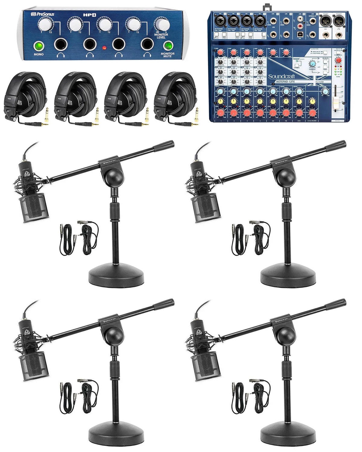 4-Person Podcasting with Mixer Headphones Amp Stands S151