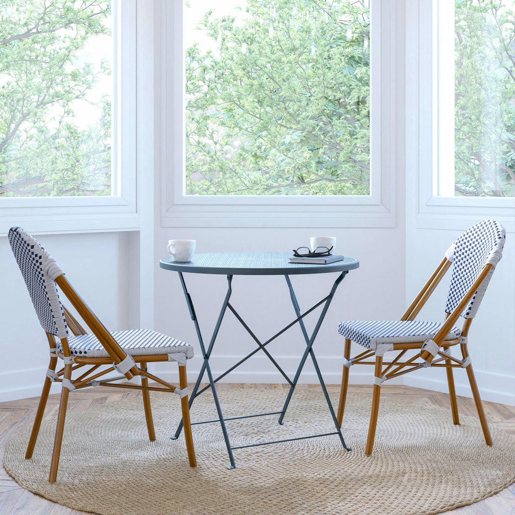 Set of Two Stacking Bistro Chairs with White and Navy Patterned Seats and Backs O3169