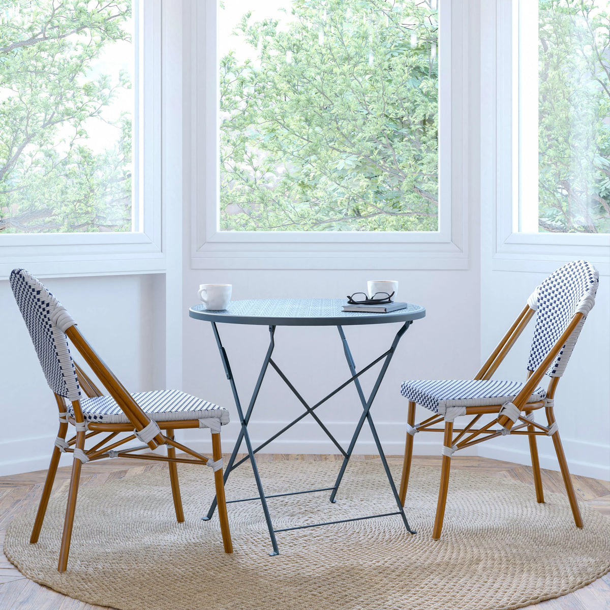 Set of Two Stacking Bistro Chairs with White and Navy Patterned Seats and Backs O3169