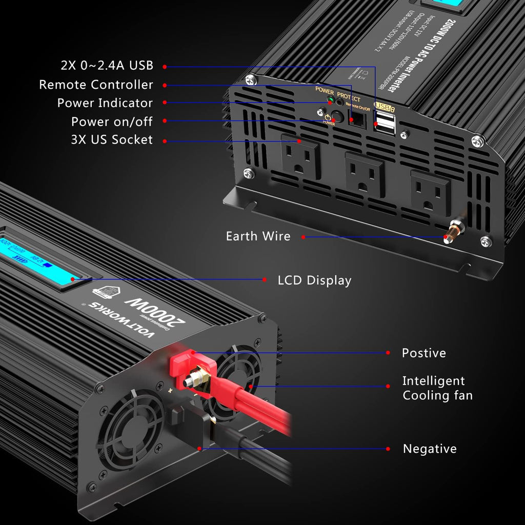 1100 watt Modified Sine Wave Power Inverter with LCD Display Remote Control 2AC Outlets Dual USB Ports Z6889