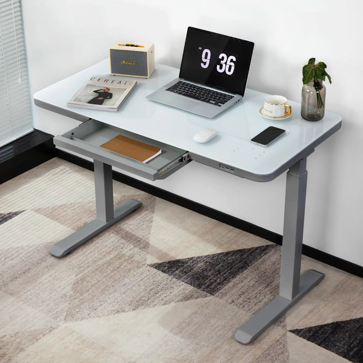 Gray Dual Motor Height Adjustable Desk with Drawer and Tempered Glass Top Z997483