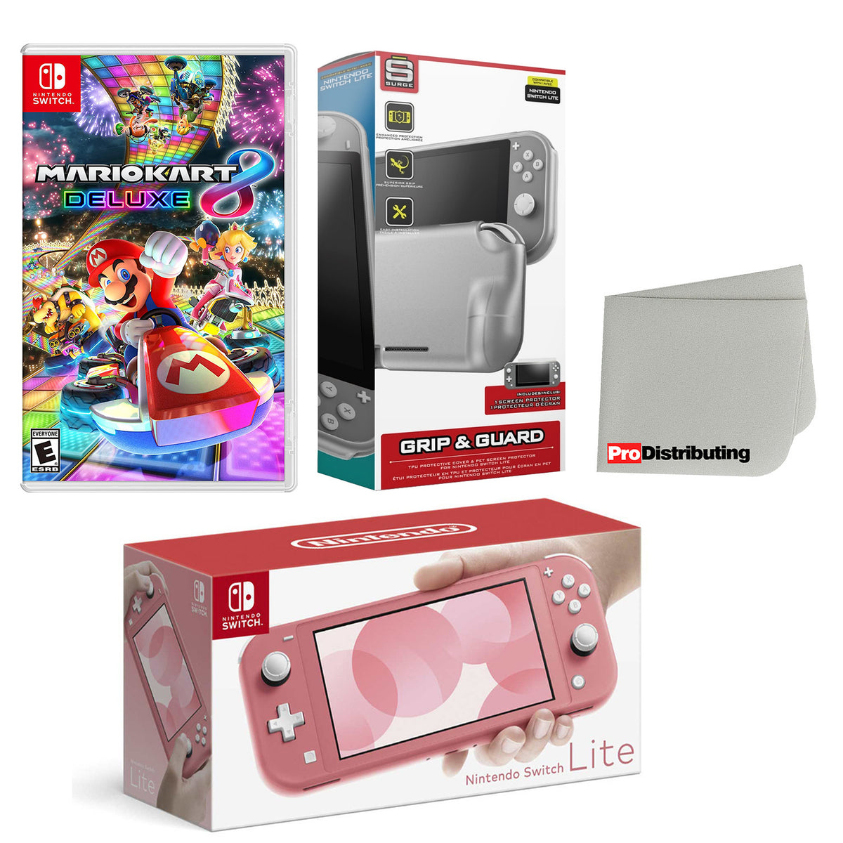 Coral Nintendo Switch Lite Console with Mario Kart 8 Deluxe, Protective Case, Screen Protector and Screen Cleaning Cloth Bundle Z729039