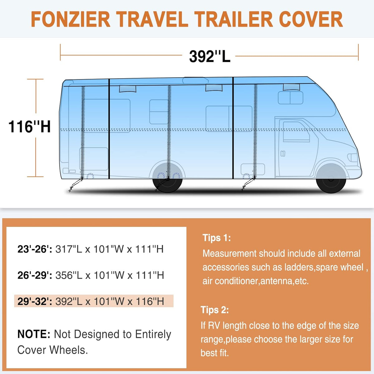 6 Layers RV Cover for 29’-32’ Motorhome with 2Pcs Extra Straps & Gutter Spout Covers D9192