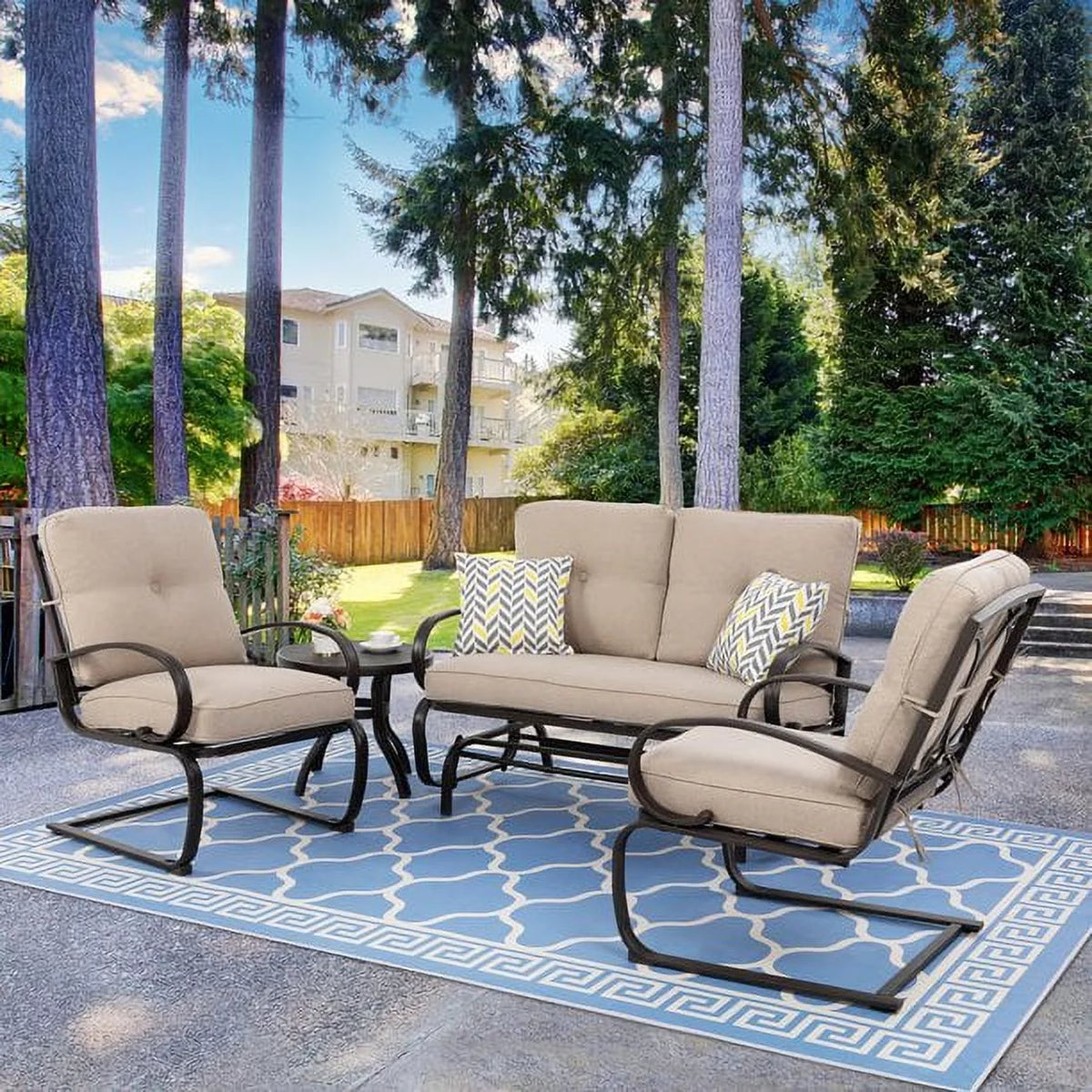 4 Pieces Outdoor Metal Patio Furniture Set with Coffee Table Blue Y1395