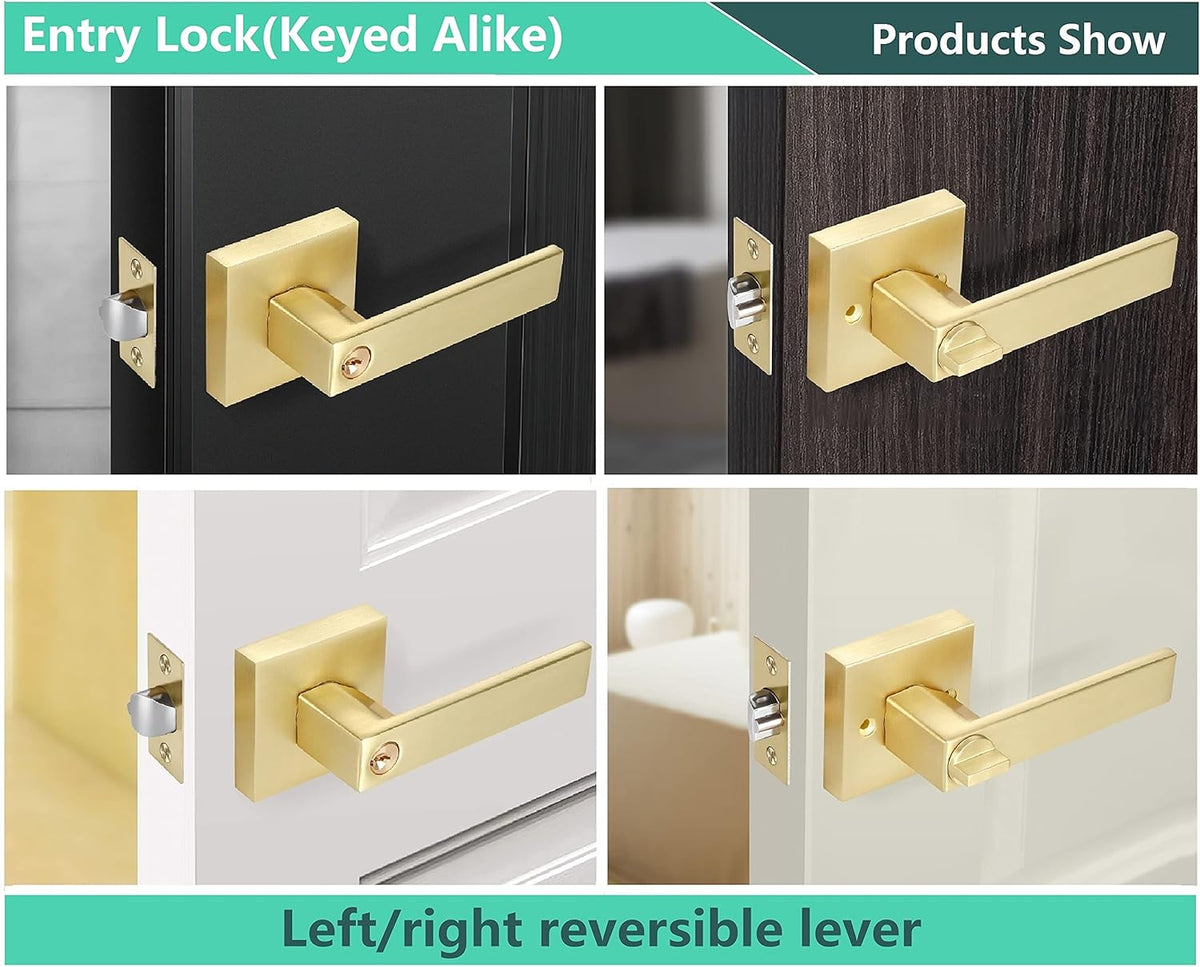 4 Pack Square Euro Style Door Leversets in Stain Brass Finish with Keys G349