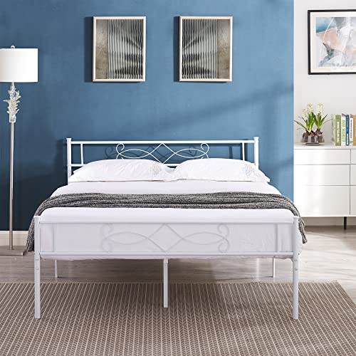 14" Full Size White Metal Platform Bed Frame with Headboard Y3159