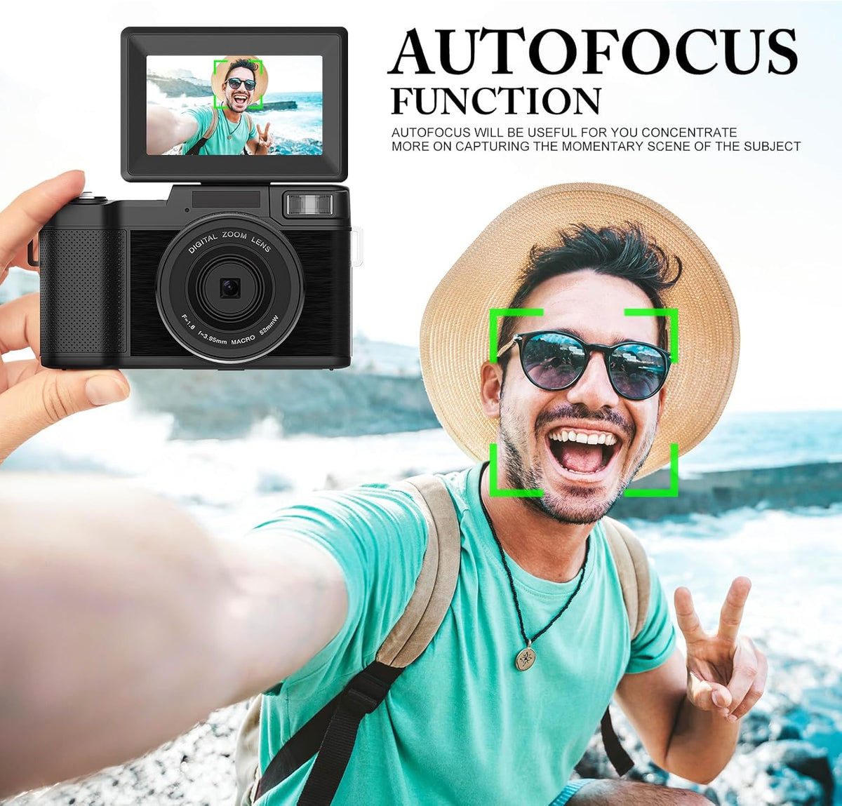48MP 4K Digital Camera with 16X Digital Zoom Macro Camera, 3’’180°Flip Screen Compact Video Camera with Liftable Flash, SD Card&2 Batteries J7084