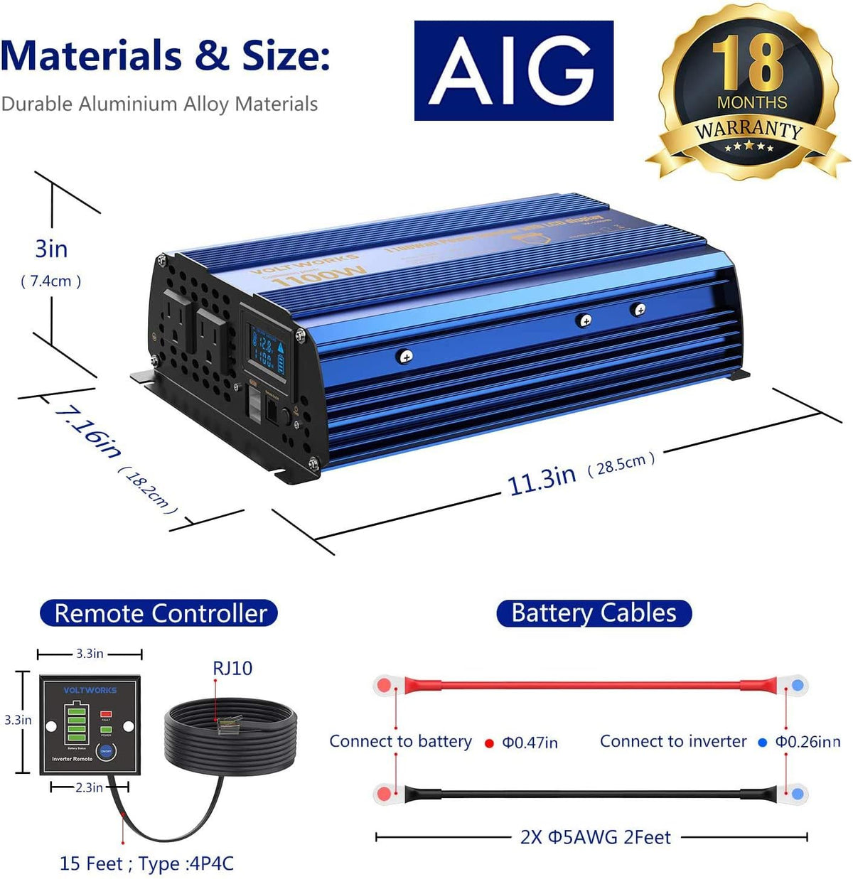 1100 watt Modified Sine Wave Power Inverter with LCD Display Remote Control 2AC Outlets Dual USB Ports Z6889