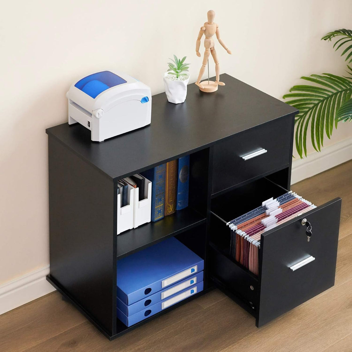 L Shaped Desk and File Cabinet with Open Storage Shelf I901379