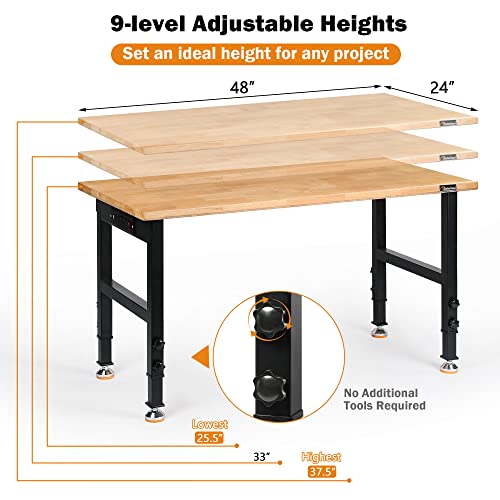 48" Heavy Duty Adjustable Rubber Wood Workbench with Pegboard W3206