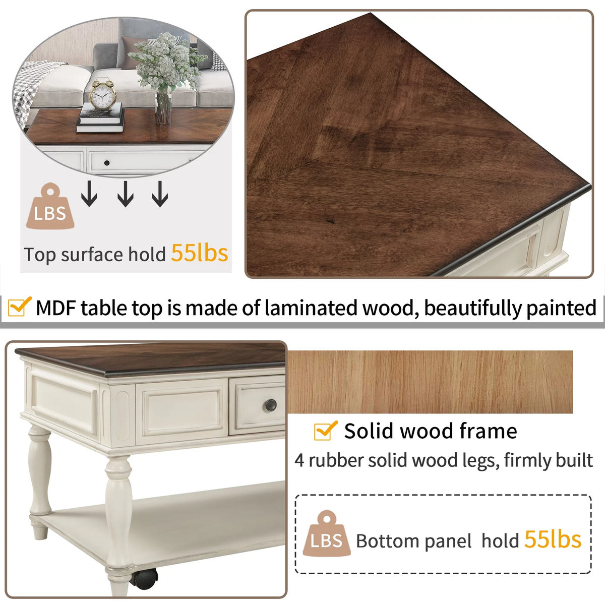 Two-tone Retro Coffee Table with Caster Wheels M3412