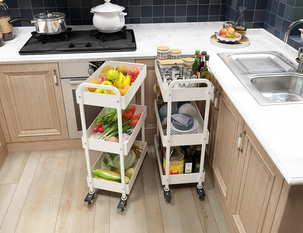 3-Tier White Metal Rolling Storage Cart with Wheels and Handle H725