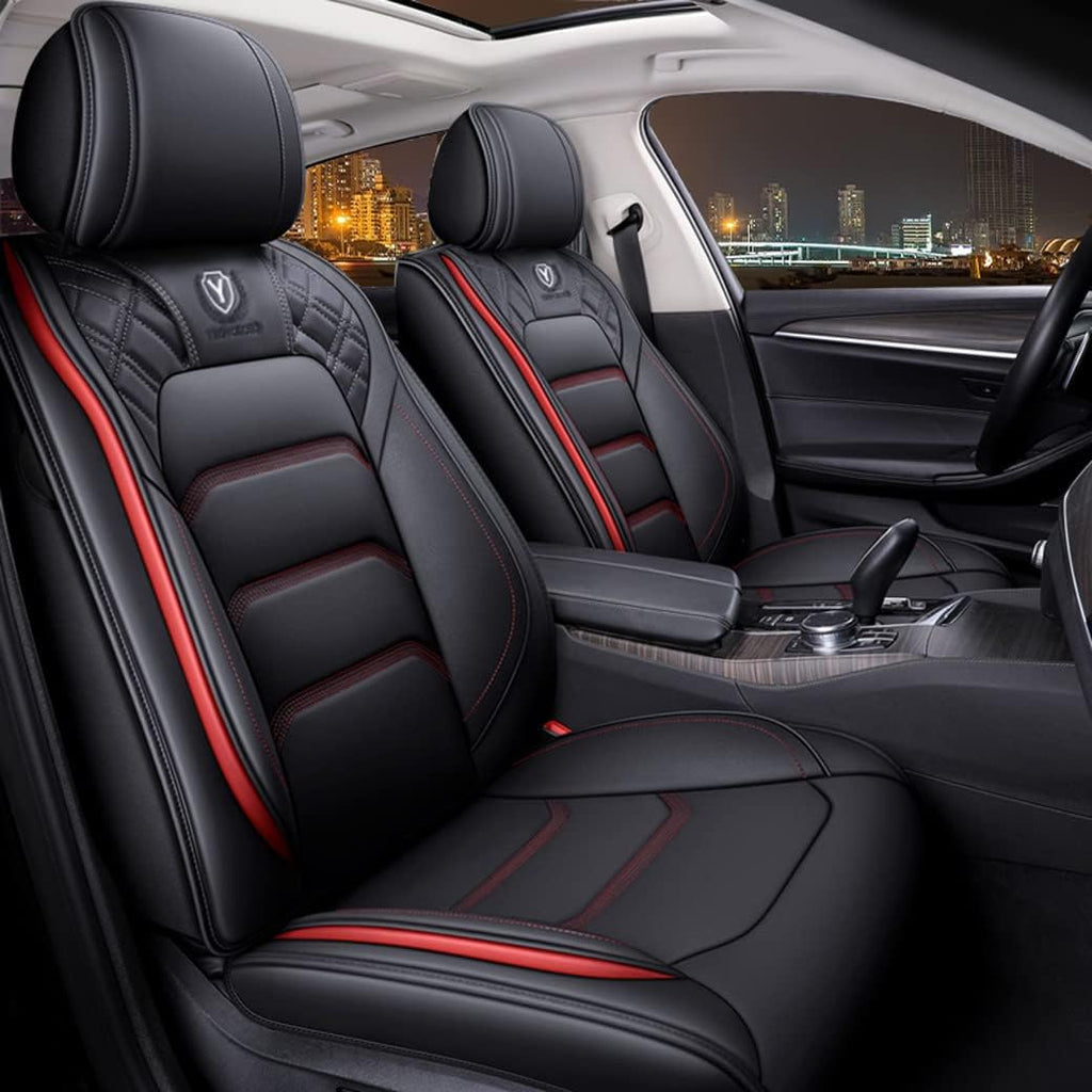Black - Red Leather Car Seat Covers 5 Seats Full Set D6038