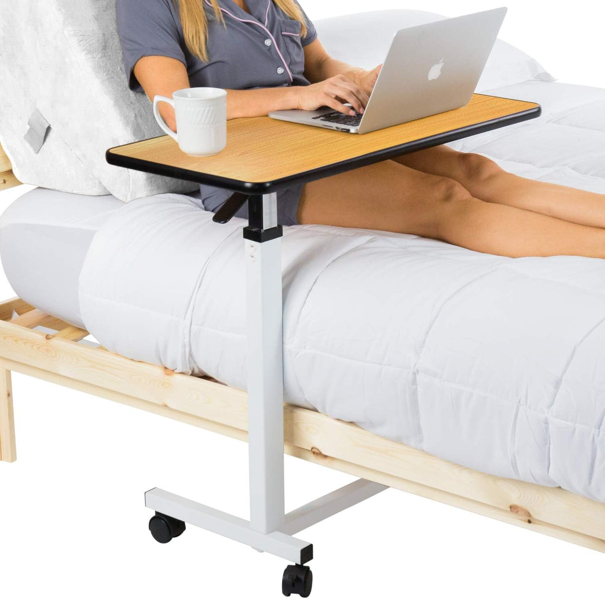 Overbed Table with Swivel Wheel Rolling Tray Adjustable Over Bedside Home Desk B195666