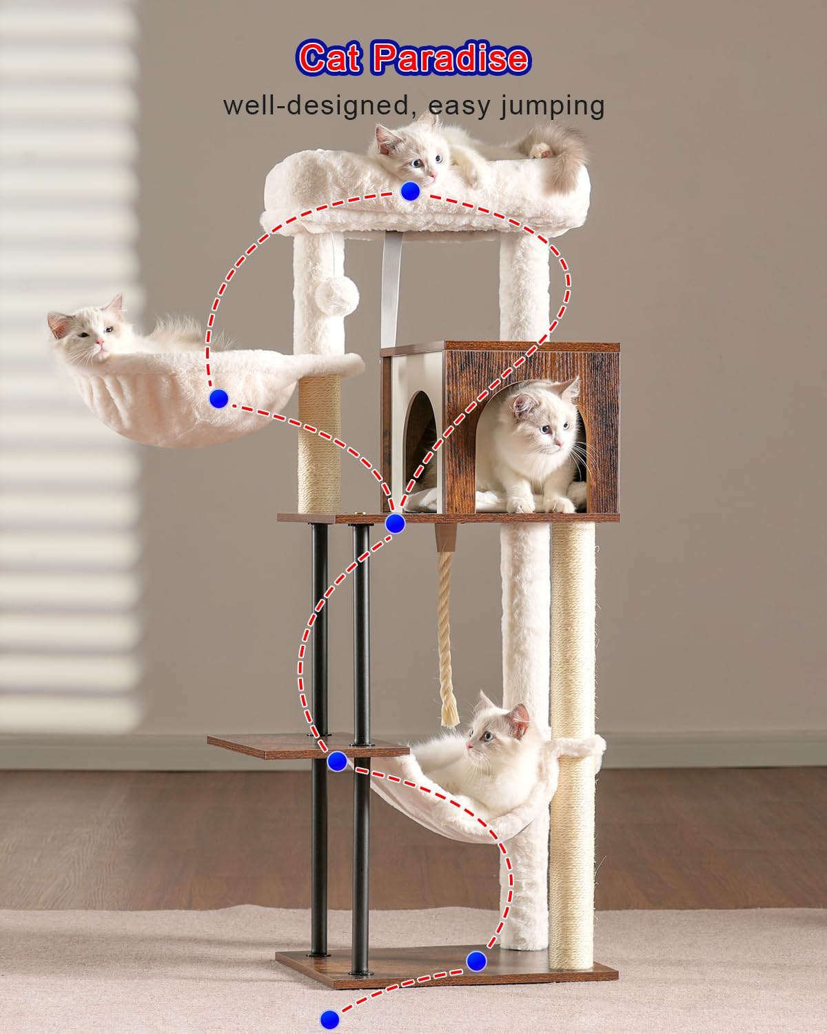 Rustic Brown 43.3in Wood Cat Tree with Sisal Rope Scratching Post C743283