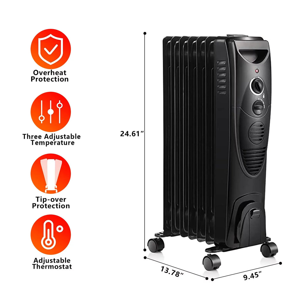 Oil Filled Radiator Heater with 3 Heat Settings, Adjustable Thermostat, Overheat & Tip-Over Protection (Black) S3655