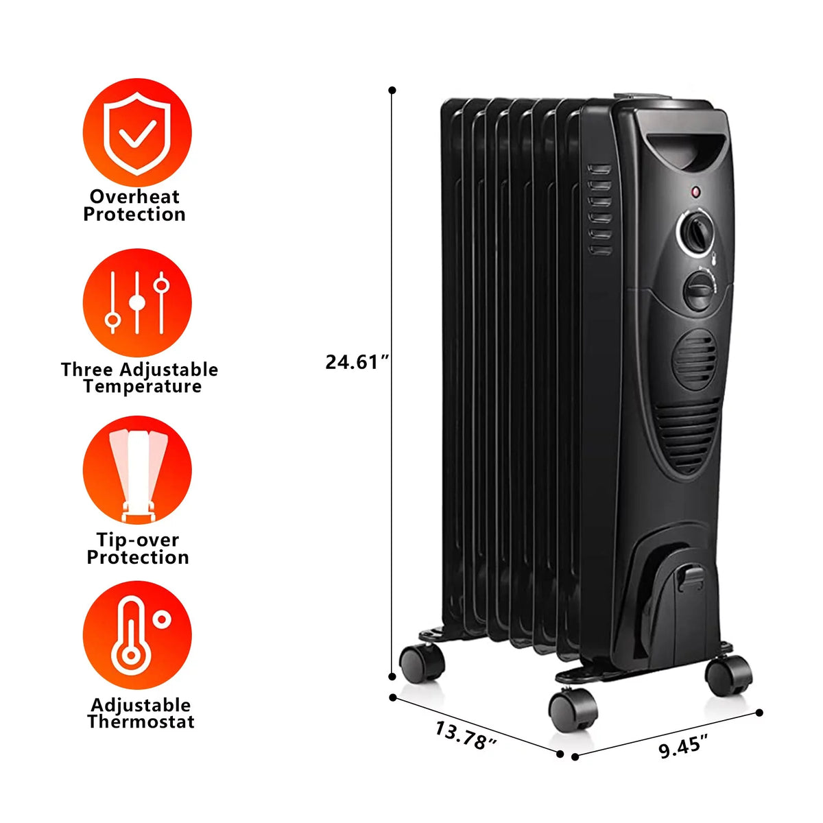 Oil Filled Radiator Heater with 3 Heat Settings, Adjustable Thermostat, Overheat & Tip-Over Protection (Black) S3655