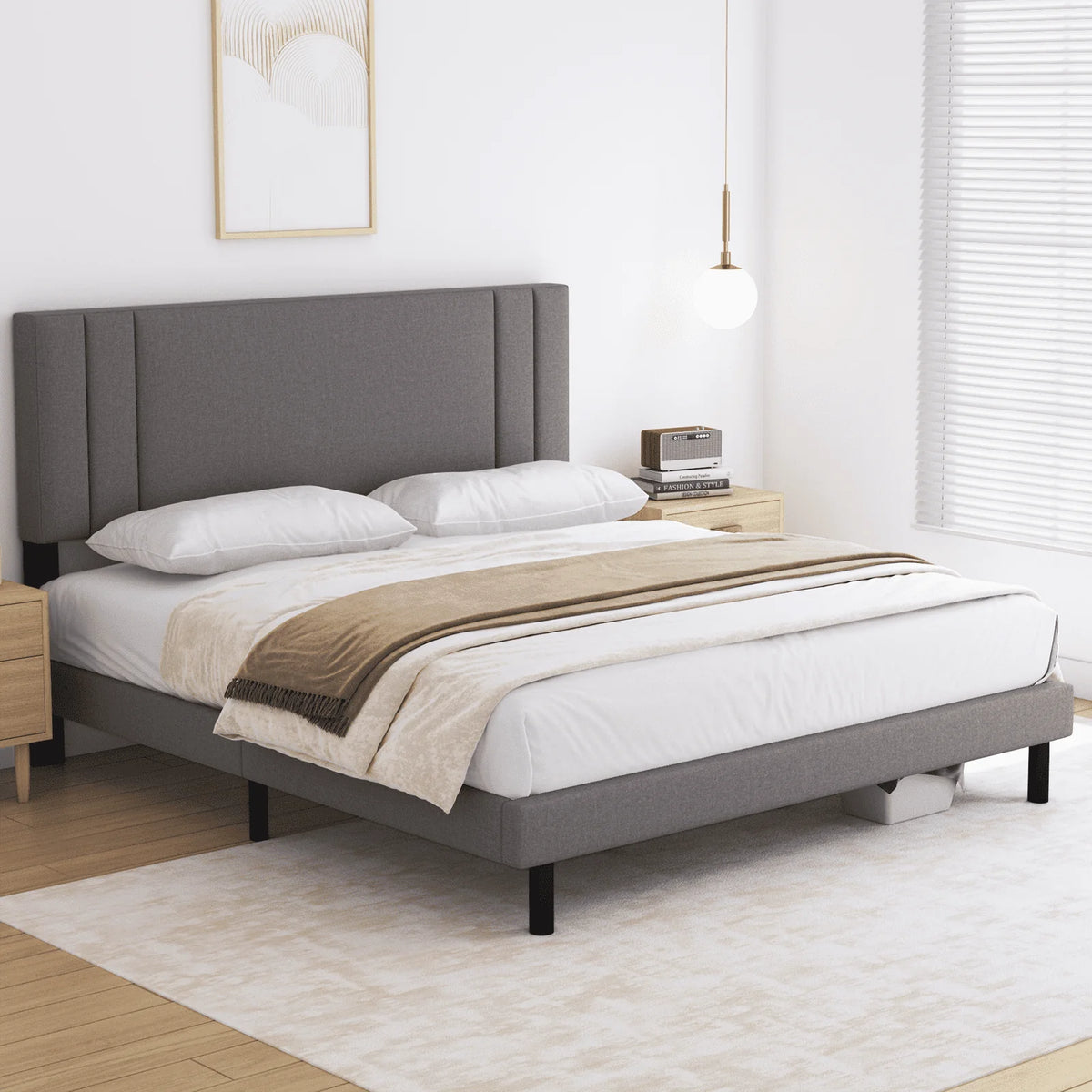 Queen Size Fabric Upholstered Platform Bed Frame L956