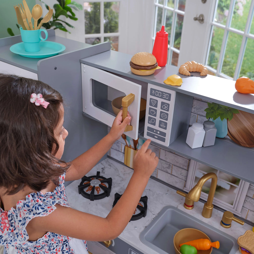 Gray Wooden Play Kitchen with 36 Accessories D523