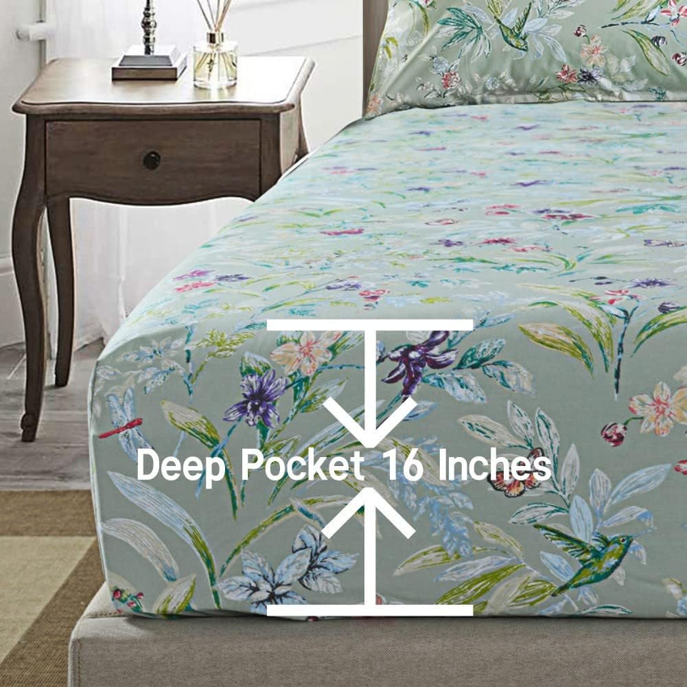 Green Birds Percale Cotton Queen Bed Sheet Set 4 Pieces Deep Pocket 18 Inches K609