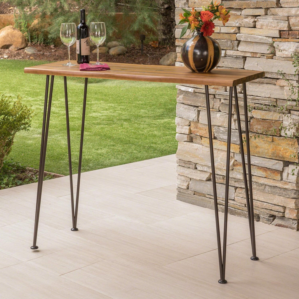 Teak Finish Acacia Wood Bar Table with Iron Frame P539