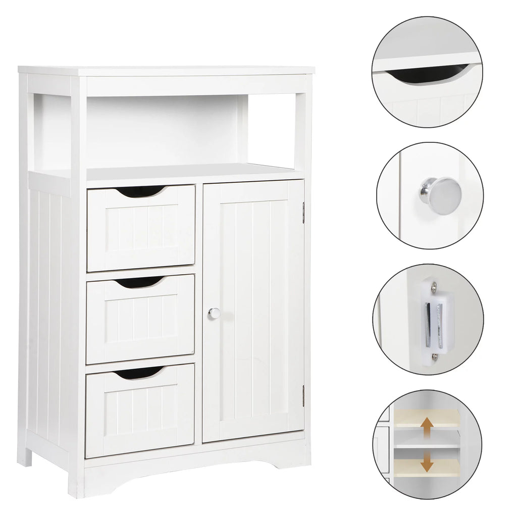 Bathroom Floor Cabinet MDF 1 Door 3 Drawers White J118