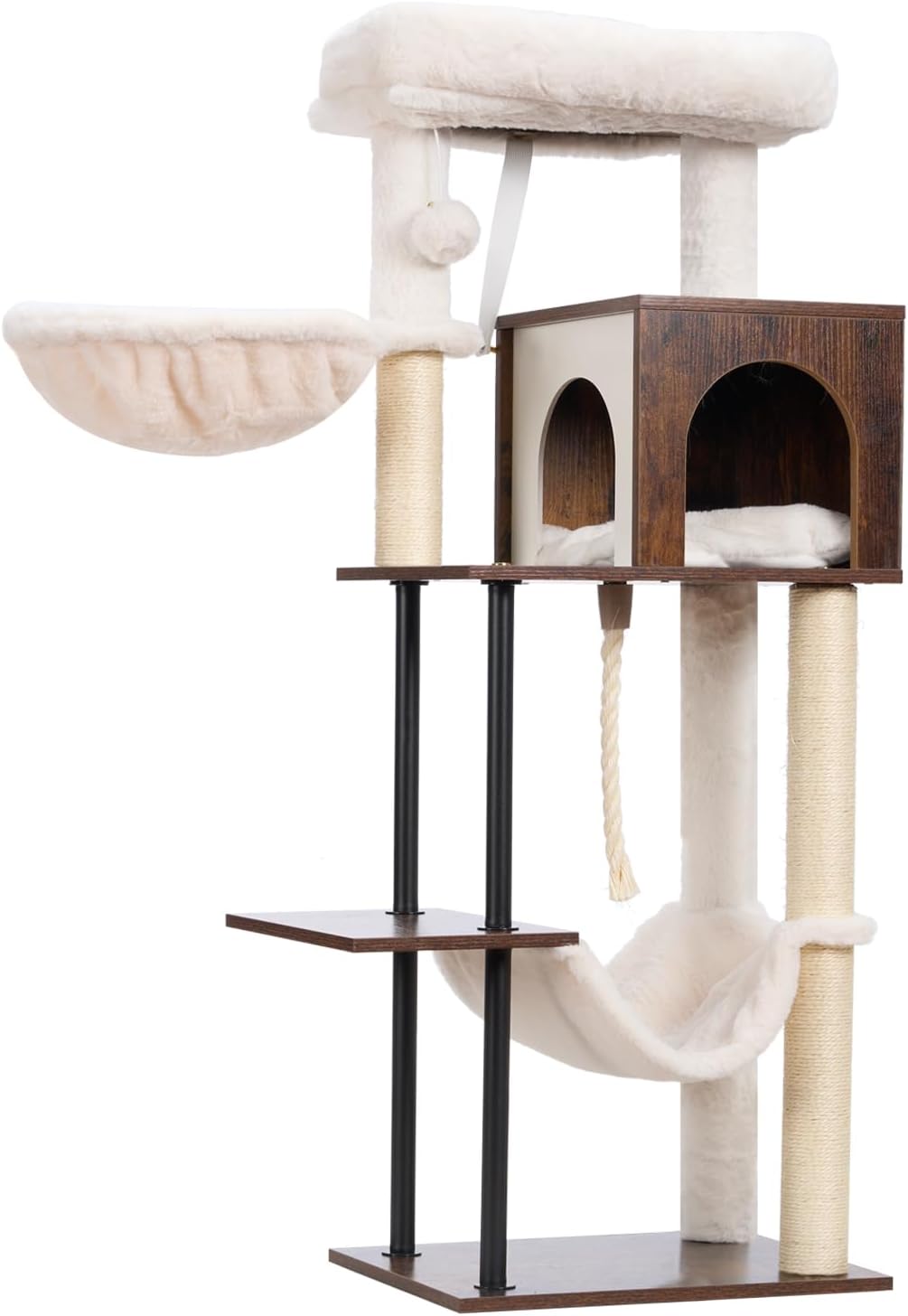 Rustic Brown 43.3in Wood Cat Tree with Sisal Rope Scratching Post C743283