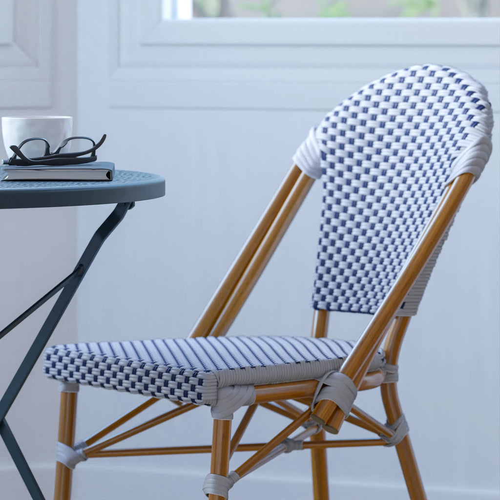 Set of Two Stacking Bistro Chairs with White and Navy Patterned Seats and Backs O3169