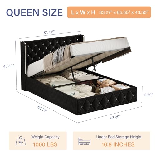 Black Velvet Full Size Lift Up Storage Bed Frame Y4338