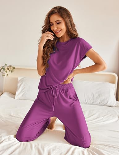 2 Piece Cap Sleeve Pajamas Set with Joggers Pants D54961