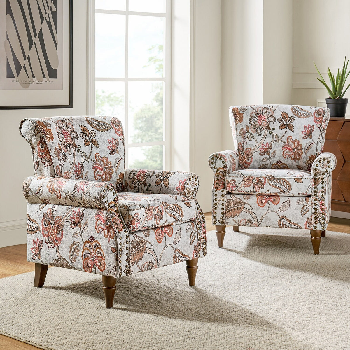 Pink Floral Upholstered Accent Armchair Set of 2 O8062