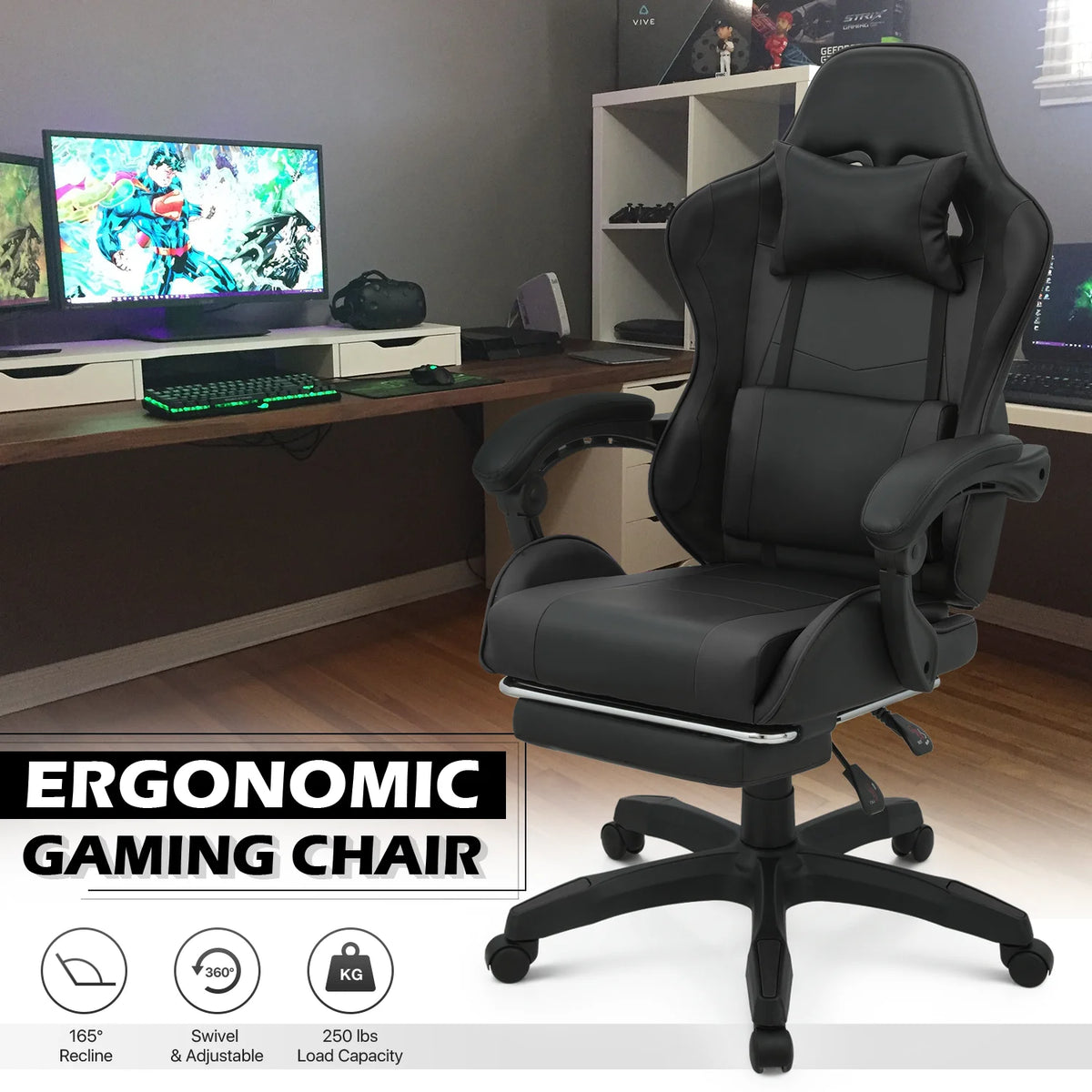 Black Swivel Gaming Chair with Footrest and Lumbar Support F347