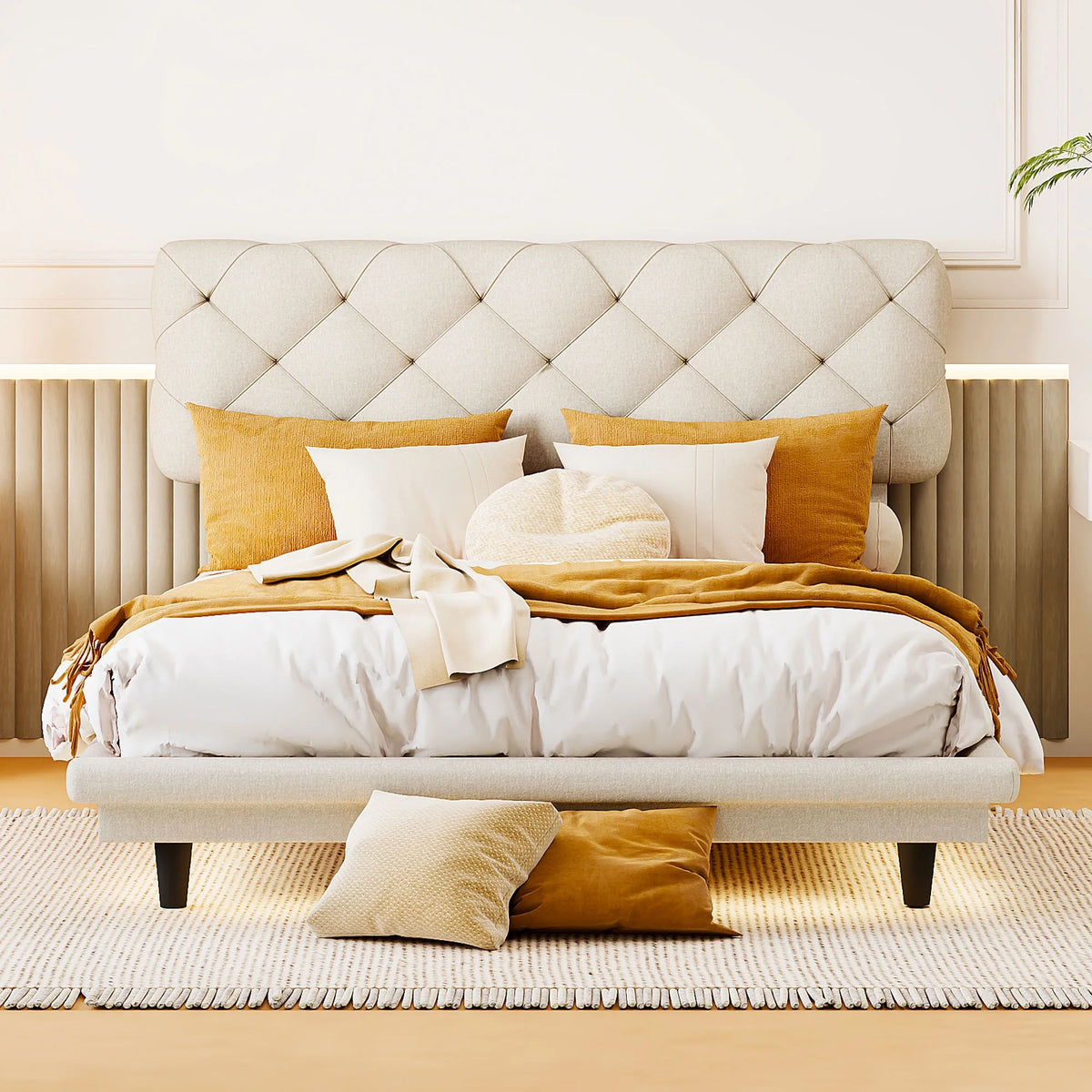Full Size Upholstered Floating Platform Bed Linen Fabric Beige S83102
