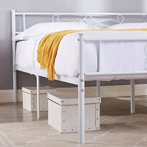 14" Full Size White Metal Platform Bed Frame with Headboard Y3159