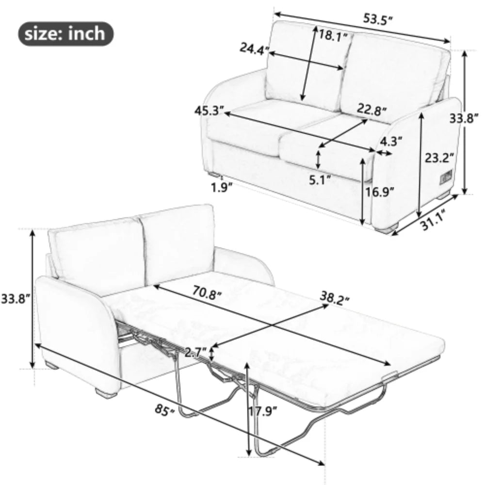 Black Pull Out Sofa Bed with USB Charging Port and Twin Size Mattress Pad X2436