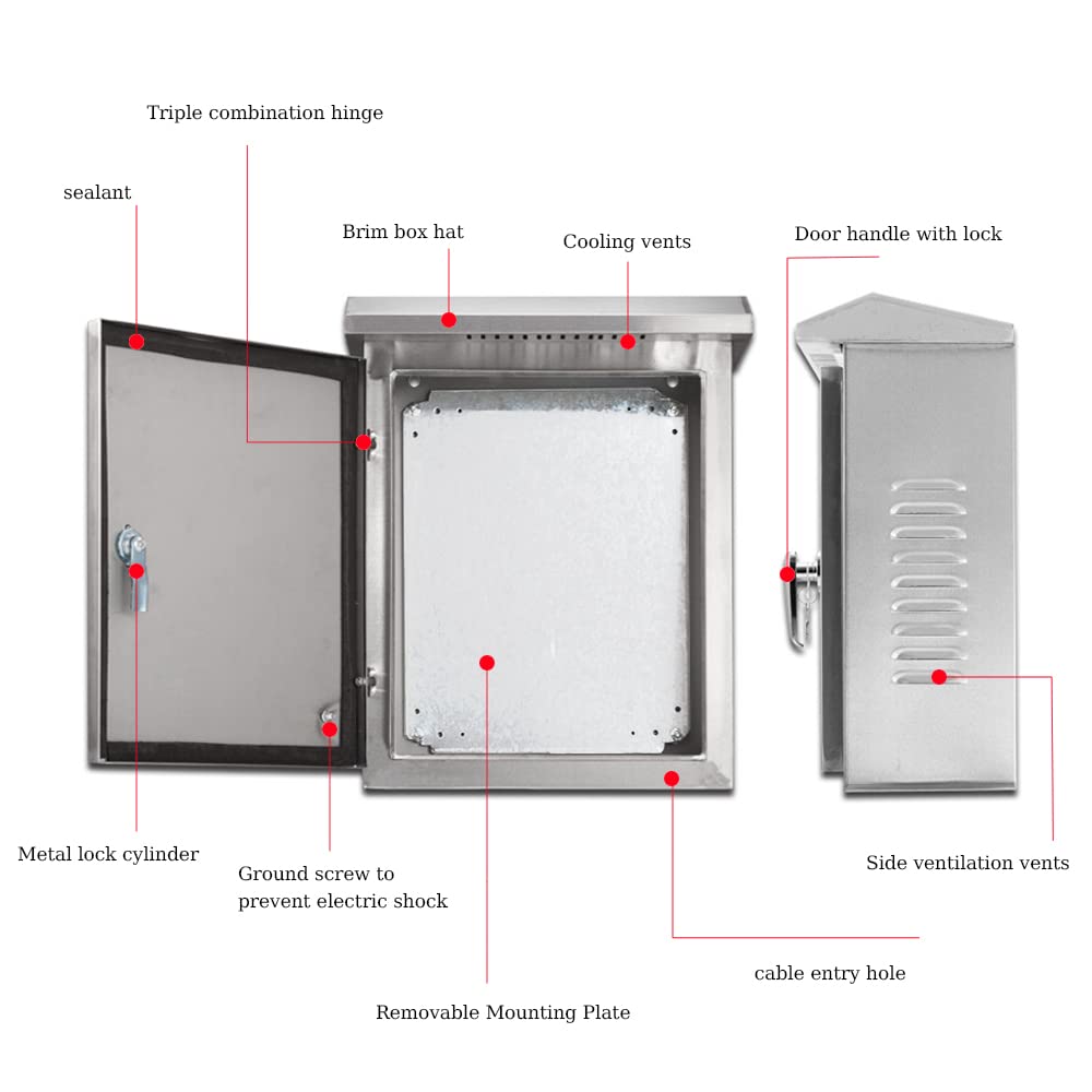 304 Stainless Steel Electrical Enclosure Box 20'' x 16'' x 8'' IP65 Weatherproof with Mounting Plate X905693