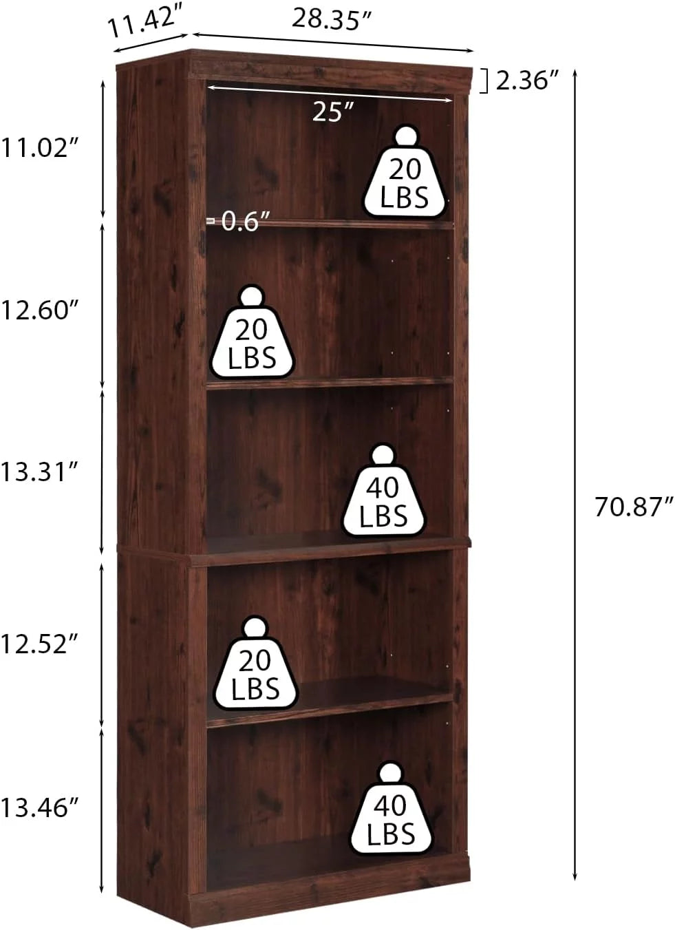 Wooden 5-Shelf Bookcase with Adjustable Shelves J6716