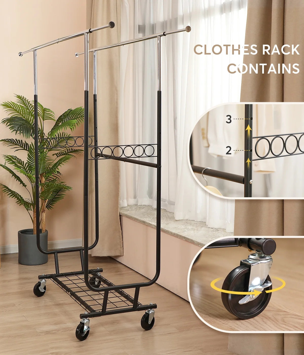 Heavy Duty Double Rails Garment Rack with Wheels Z559