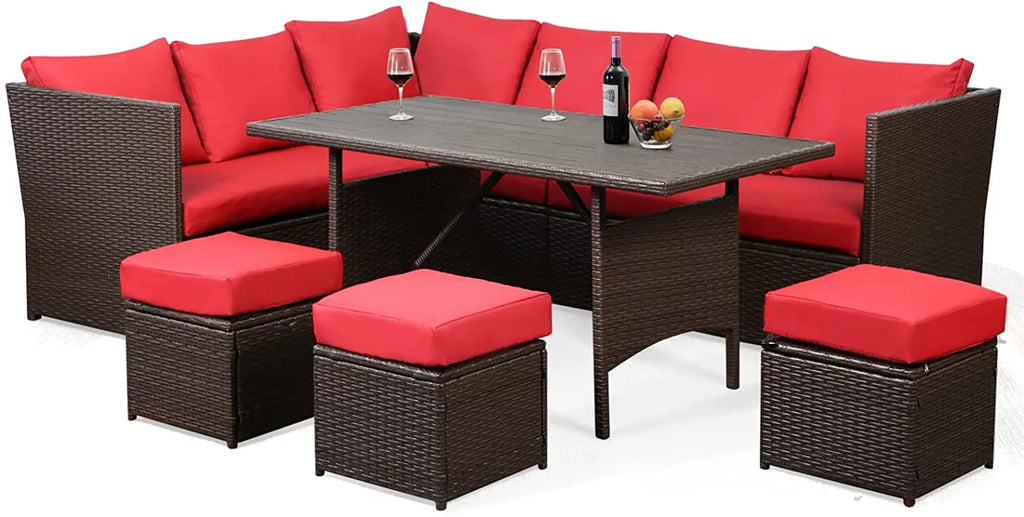 7 Pieces Brown Rattan Patio Furniture Set with Red Cushions Y5307