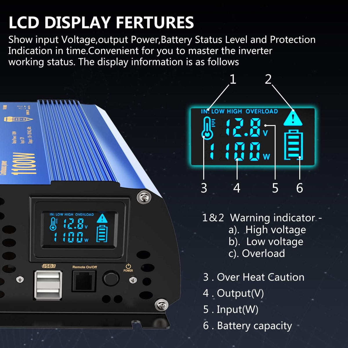 1100 watt Modified Sine Wave Power Inverter with LCD Display Remote Control 2AC Outlets Dual USB Ports Z6889
