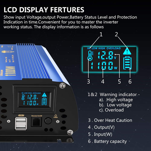 1100 watt Modified Sine Wave Power Inverter with LCD Display Remote Control 2AC Outlets Dual USB Ports Z6889
