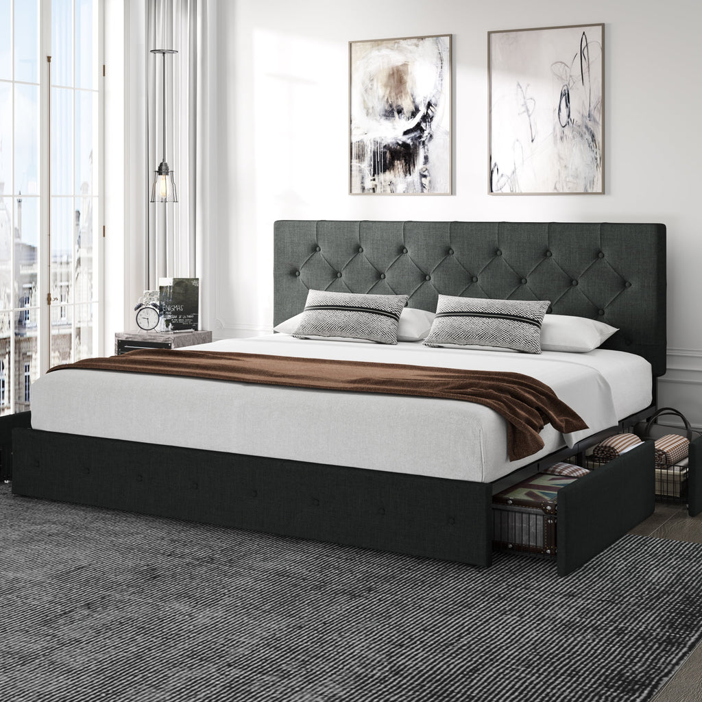 King Size Platform Bed Frame with Headboard and 4 Drawers, Dark Grey Z53394