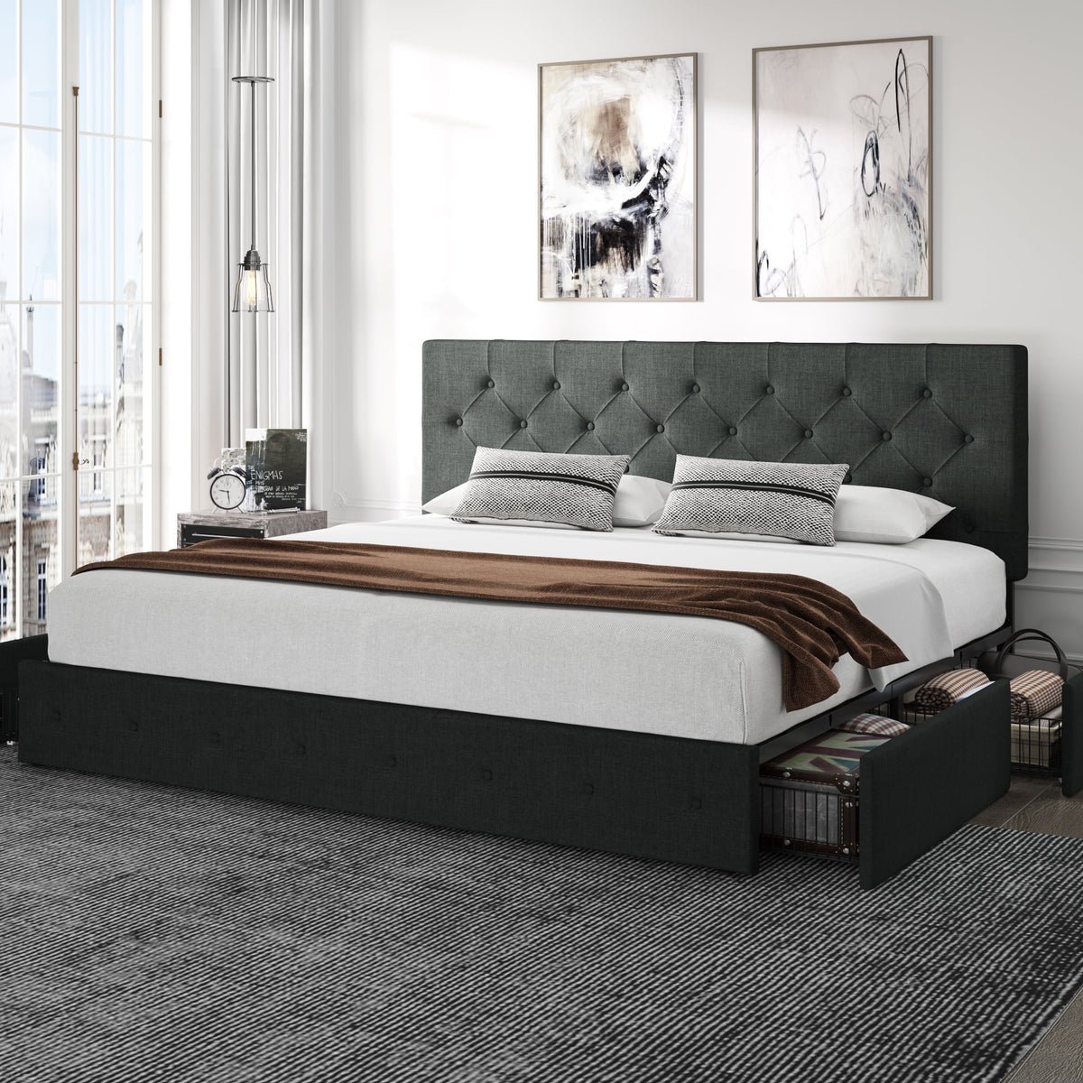 King Size Platform Bed Frame with Headboard and 4 Drawers, Dark Grey Z53394