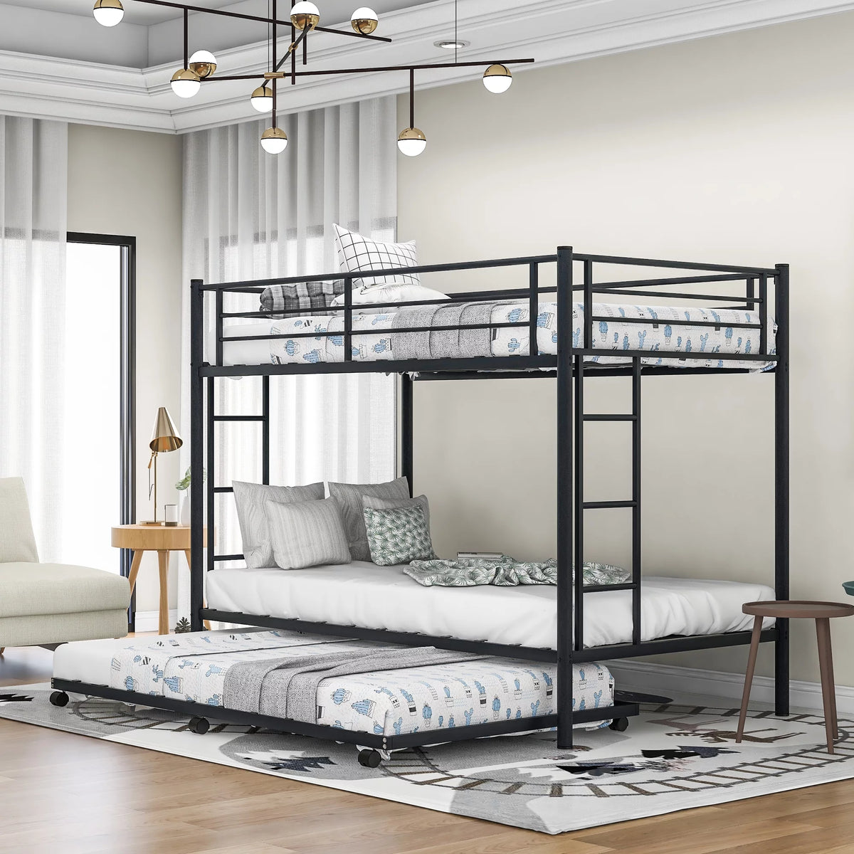 Black Metal Twin over Twin Bunk Bed with Trundle O2756
